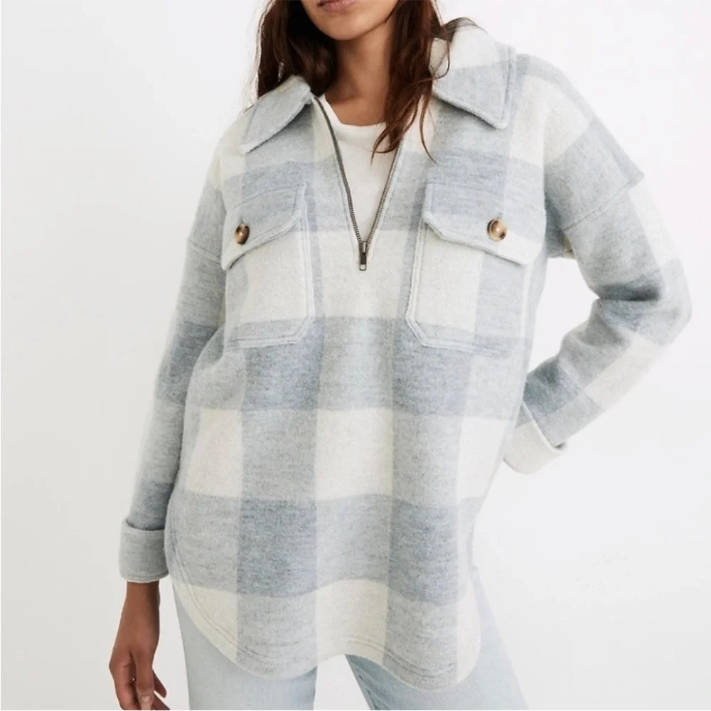 Madewell Boiled 100% Wool Half-Zip Popover Sweater Plaid Blue & White Size XS